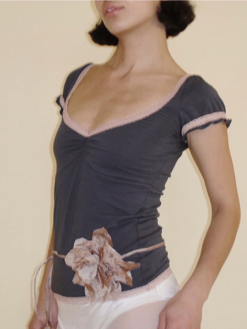 Charcoal Gray Short Sleeve Chemise Top with Blush Trim